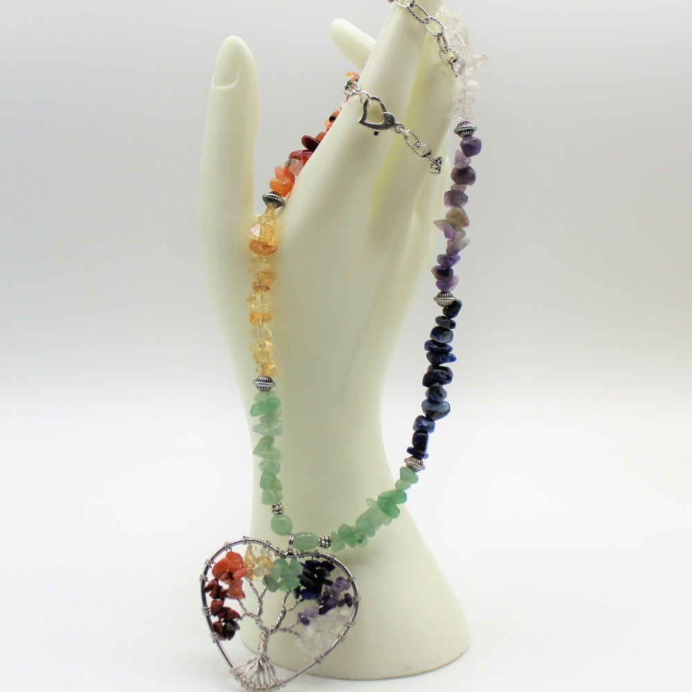 Multi gem heart tree of life necklace